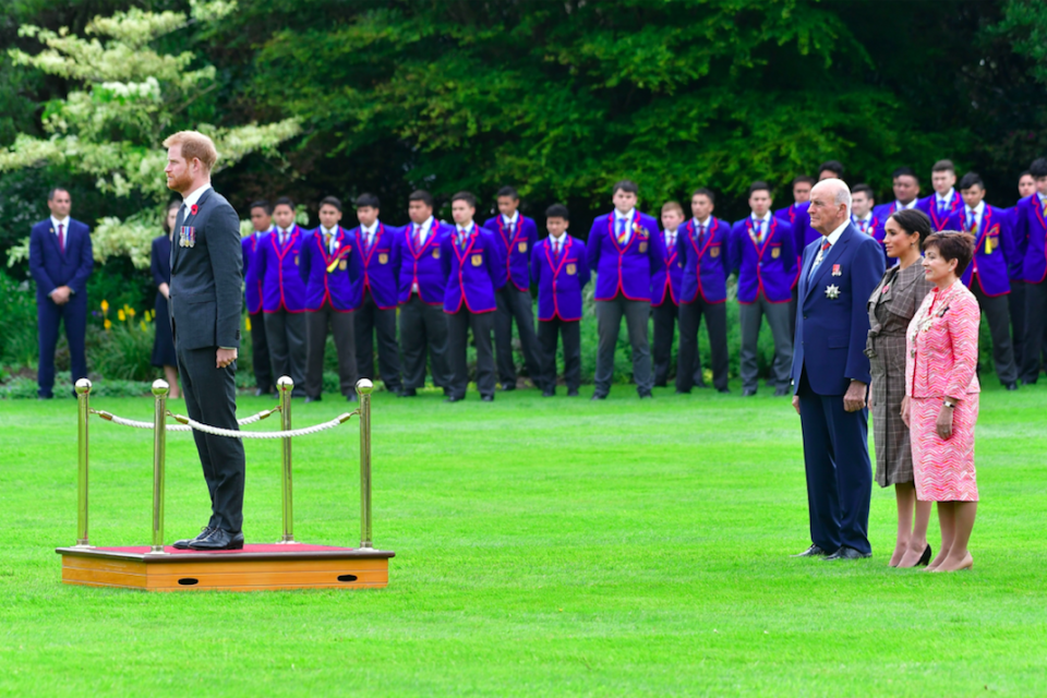 Prince Harry also took a salute from an honour guard. Photo: Getty