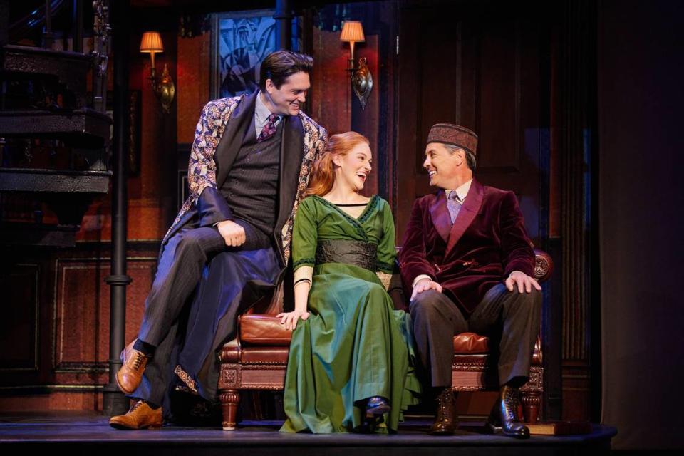 Jonathan Grunert as Professor Henry Higgins, Madeline Powell as Eliza Doolittle and John Adkison as Colonel Pickering in The National Tour of “My Fair Lady.”