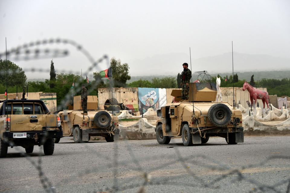 Afghan security forces stand on Humvees during a military operation in the Arghandab district of Kandahar province on April 4, 2021. (Photo: JAVED TANVEER via Getty Images)