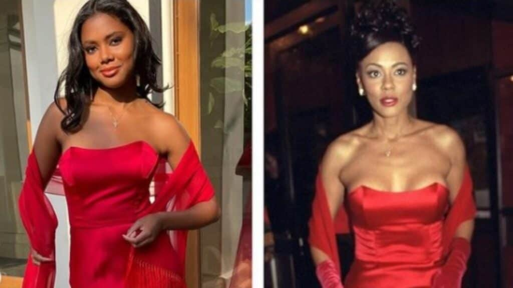 For her own senior prom, Asia Rochon Fuqua (left), the daughter of actress Lela Rochon, donned the dress her mom wore (right) for the premiere of “Waiting to Exhale” 25 years ago. (Instagram)