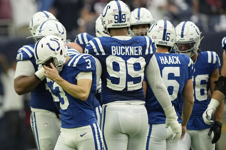 Indianapolis Colts place kicker Rodrigo Blankenship (3) walks off the field after missing a field goal in overtime of an NFL football game Sunday, Sept. 11, 2022, in Houston. (AP Photo/David J. Phillip)