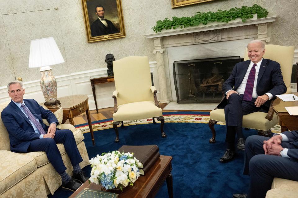 US President Joe Biden meets with US Speaker of the House Kevin McCarthy in the Oval Office of the White House in Washington, DC, on May 9, 2023. Biden and Republican leaders met in hopes of breaking an impasse over the US debt limit. The lifting of the national debt ceiling  allows the government to pay for spending already incurred. (Photo by Brendan Smialowski / AFP) (Photo by BRENDAN SMIALOWSKI/AFP via Getty Images)