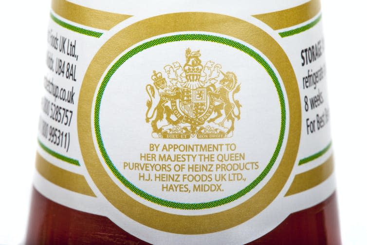 <span class="caption">An example of the Royal Warrant of Appointment on a bottle of Heinz Ketchup.</span> <span class="attribution"><a class="link " href="https://www.shutterstock.com/image-photo/london-uk-may-6th-2016-royal-417685753" rel="nofollow noopener" target="_blank" data-ylk="slk:chrisdorney / Shutterstock;elm:context_link;itc:0;sec:content-canvas">chrisdorney / Shutterstock</a></span>