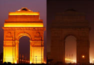 Earth Hour 2010. Before and after the lights were switched off at the India Gate, New Delhi, India. <br> <a href="http://www.worldwildlife.org/sites/earthhour/index.html" rel="nofollow noopener" target="_blank" data-ylk="slk:For more information about Earth Hour 2012, visit WWF.;elm:context_link;itc:0;sec:content-canvas" class="link ">For more information about Earth Hour 2012, visit WWF.</a>