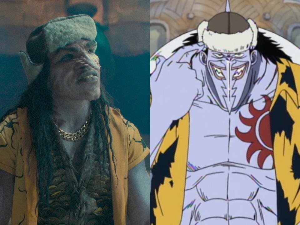 left: mckinley belcher II as arlong in netflix's one piece, a humanoid fish man with a sawshark spiked nose and blue skin; right: arlong in the one piece anime, with a sun tattoo on his left pectoral