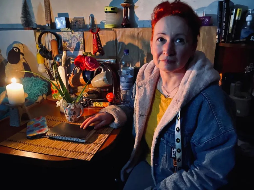 Iryna Babkina speaks with CBS News in the basement of a school in Velyka Novosilka, southeast Ukraine, where she is sheltering from Russia's war and helping to look after other residents. / Credit: CBS News/Agnes Reau