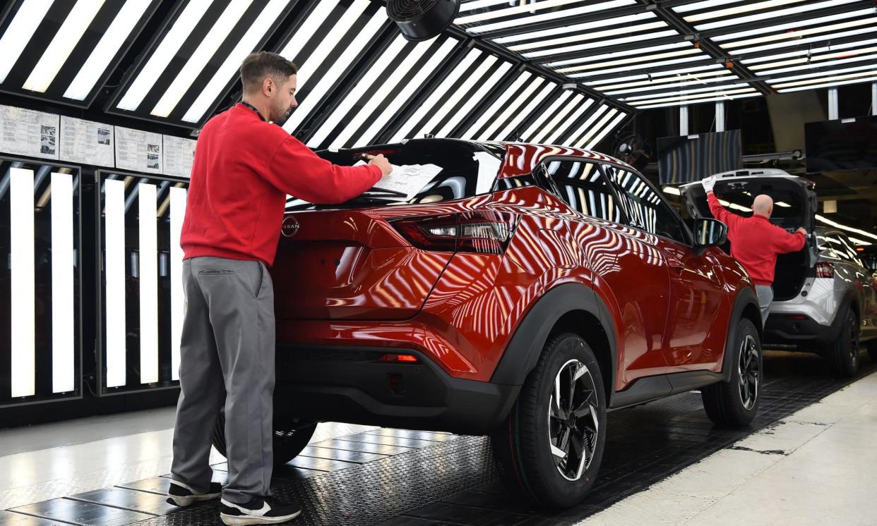 <span>A Nissan Juke on the production line at the company’s factory in Sunderland.</span><span>Photograph: Andy Buchanan/AFP/Getty</span>