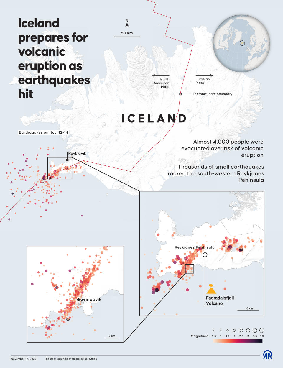 Iceland prepares for a volcanic eruption as earthquakes hit the area. / Credit: Yasin Demirci/Anadolu via Getty Images