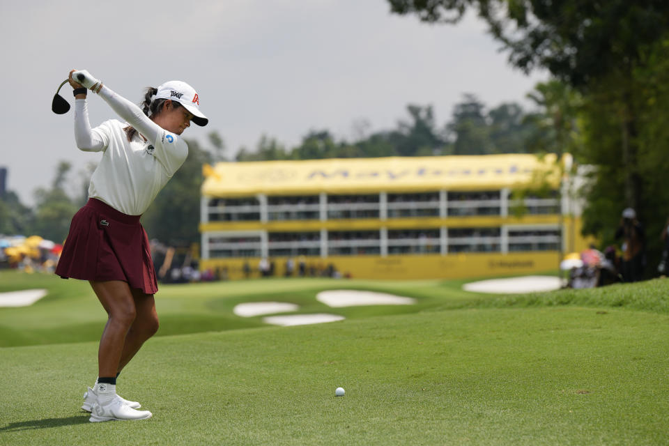 Celine Boutier of France hits on the fairway on the 18th hole during the final round of the LPGA Maybank Championship in Kuala Lumpur, Malaysia, Sunday, Oct. 29, 2023. (AP Photo/Vincent Thian)