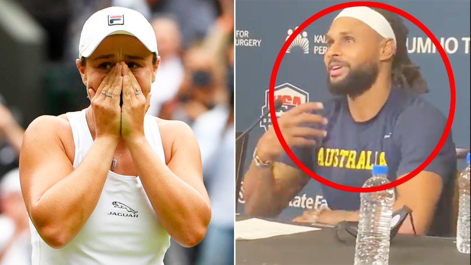 Pictured right, Patty Mills discusses Ash Barty's epic Wimbledon triumph. 