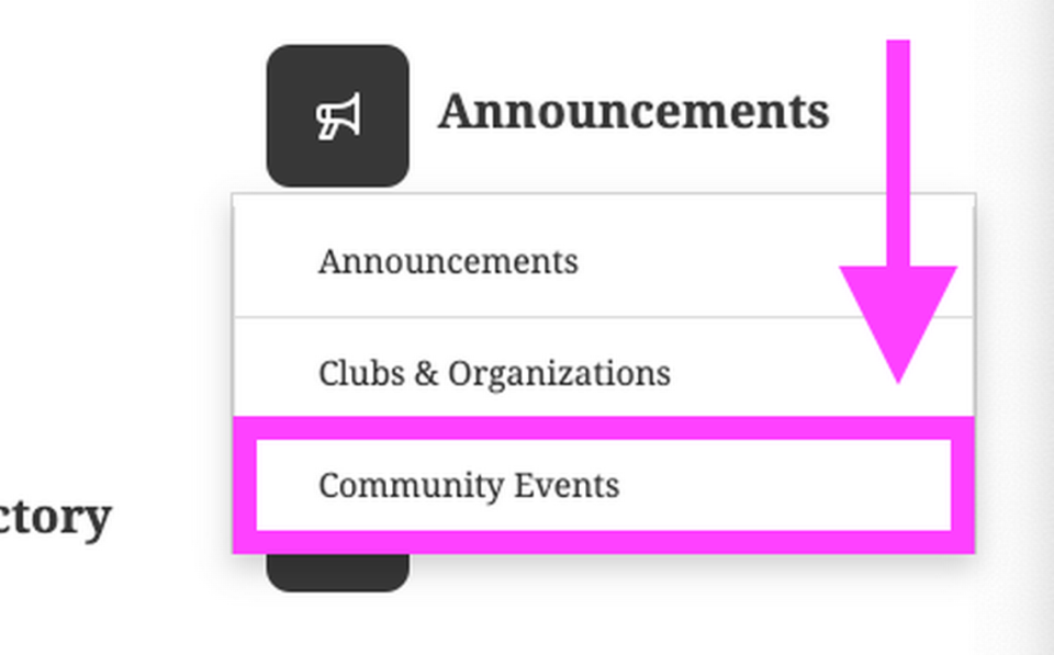Click the “Announcements” button and select “Community Events” from the pop-up menu.