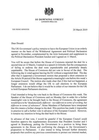 Copia de la carta oficial de la primera ministra británica Theresa May al presidente del Consejo Europeo. Documento entregado a Reuters. 20 de marzo de 2019. Downing Street/vía REUTERS. ATENCIÓN EDITORES - ESTA IMAGEN HA SIDO ENTREGADA POR UN TERCERO.