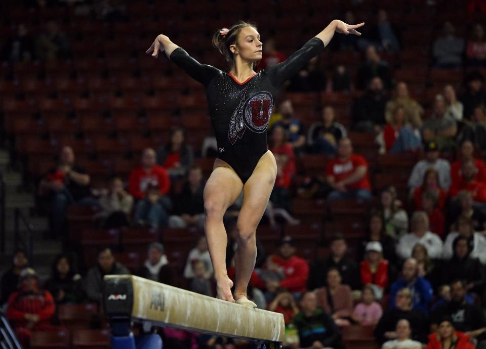 Utah’s Grace McCallum performs on the Bean as BYU, Utah, SUU and Utah State meet in the Rio Tinto Best of Utah Gymnastics competition at the Maverick Center in West Valley City on Monday, Jan. 15, 2024. | Scott G Winterton, Deseret News