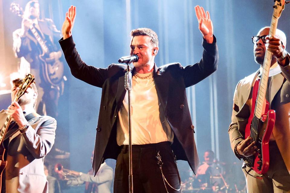 <p>Kevin Mazur/Getty</p> Justin Timberlake performs on April 29, 2024 in Vancouver