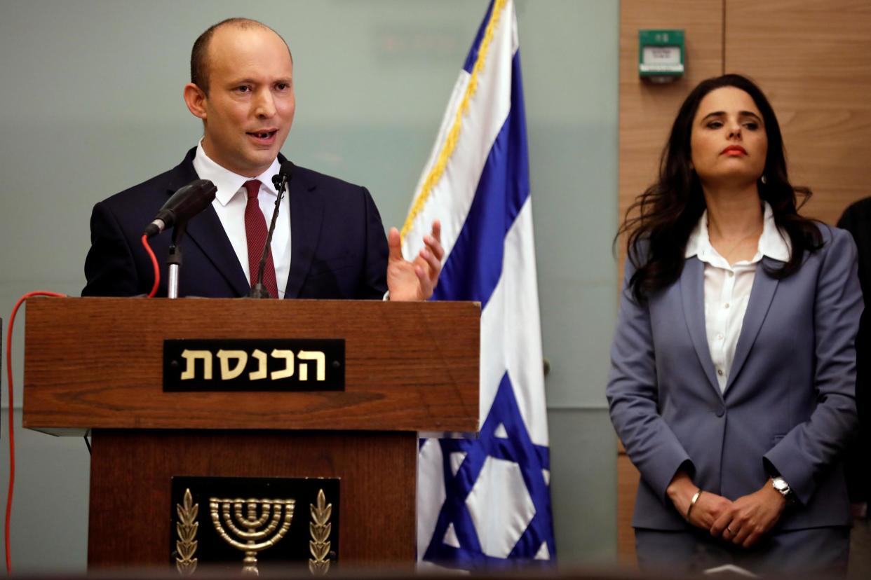 Israeli Education Minister Naftali Bennett and Justice Minister Ayelet Shaked deliver statements to members: Reuters