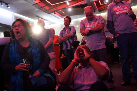 Australia's Labor Party supporters react as they watch the tally count at the Federal Labor Reception at Hyatt Place Melbourne, Essendon Fields, in Melbourne, Australia, May 18, 2019. AAP Image/Lukas Coch/via REUTERS