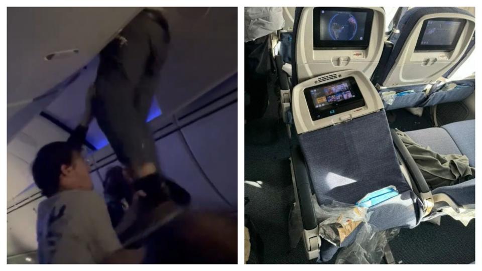 歐洲航空遇上亂流釀多人受傷，乘客透露，不少傷者因沒繫好安全帶而被拋到空中撞上天花板而受傷。（翻攝自X@PatoAviador、@NblancoNelson）
