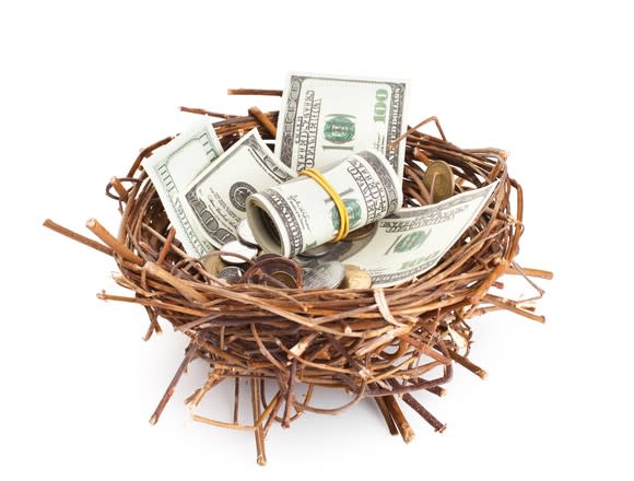 Dollar bills and coins in a birds nest