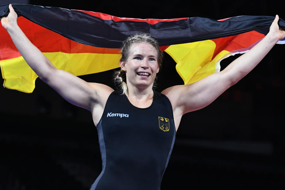 Tokyo 2020 Olympics - Wrestling - Freestyle - Women's 76kg - Gold medal match - Makuhari Messe Hall A, Chiba, Japan - August 2, 2021. Aline Rotter Focken of Germany celebrates after winning gold REUTERS/Piroschka Van De Wouw