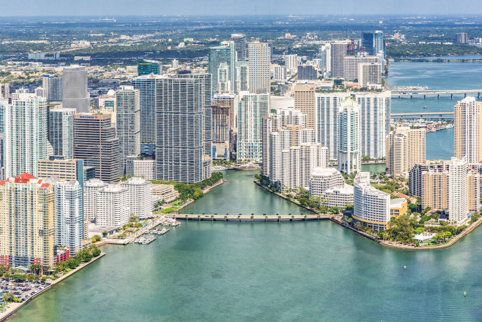 The skyline of the beautiful city of Miami, Florida shot from an altitude of about 1000 feet over the Biscayne Bay