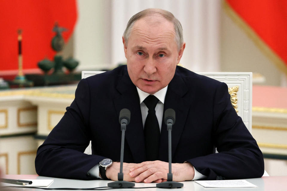 Russian President Vladimir Putin meets with servicemen at the Kremlin in Moscow on June 27, 2023. (Photo by Mikhail TERESHCHENKO / SPUTNIK / AFP) (Photo by MIKHAIL TERESHCHENKO/SPUTNIK/AFP via Getty Images)