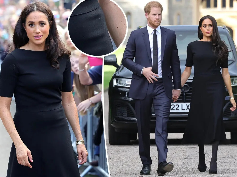 A photo uploaded to Twitter by @CalvinH66748112 showing Meghan Markle and Prince Harry and a close-up shot of a crease in Meghan&#39;s dress that some online users claimed was indicative of her wearing a microphone.