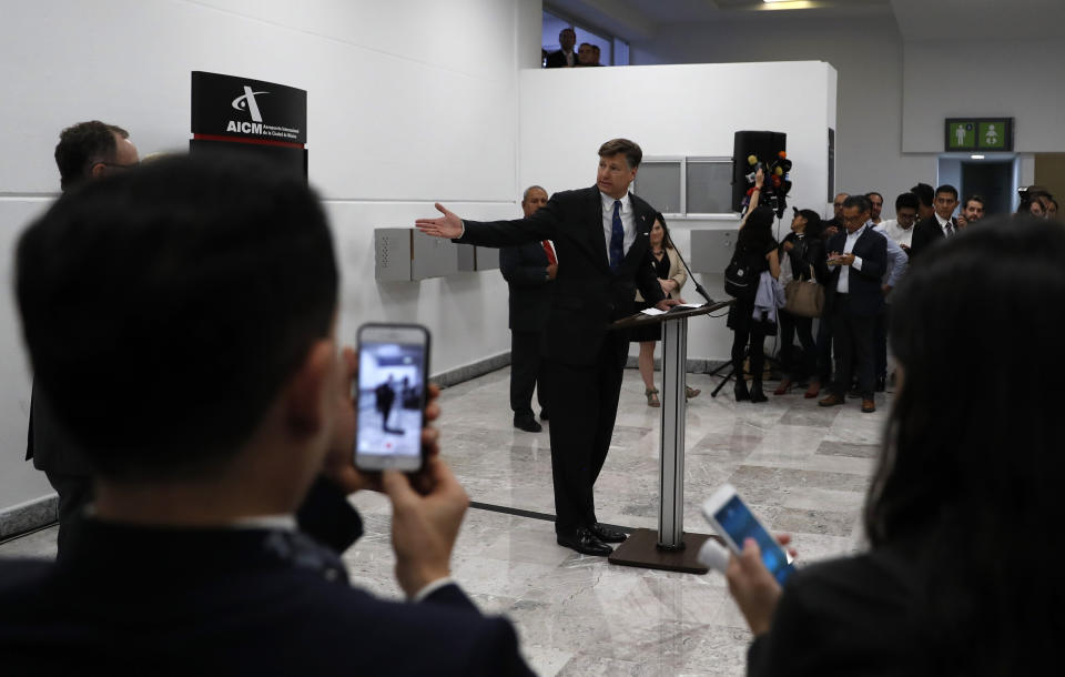 Christopher Landau, the new U.S. ambassador to Mexico, delivers a statement to members of the media at the Benito Juarez International Airport, upon his arrival to Mexico City, Friday, Aug. 16, 2019. (AP Photo/Eduardo Verdugo)