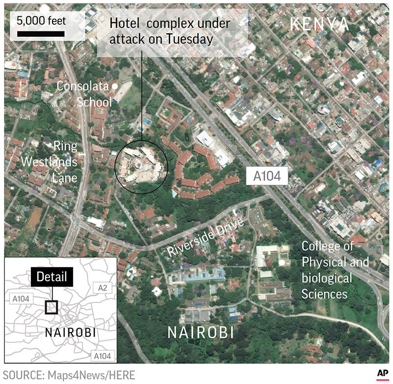 Map locates attack in Nairobi, Kenya.;