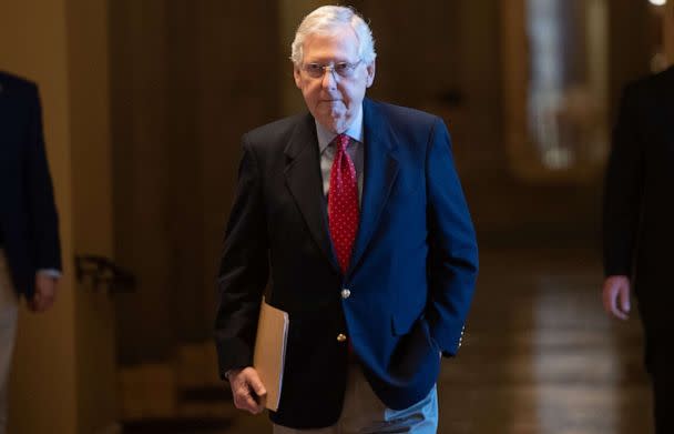 PHOTO: Senate Majority Leader Mitch McConnell walks to the Senate to try to add another $250 billion to small business coronavirus relief funds, on Capitol Hill in Washington, April 9, 2020. (Saul Loeb/AFP via Getty Images)