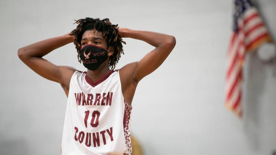 Warren County’s T.J. Williams (10) displays fatigue and frustration as the Eagles fall behind by double digits to Webb High School on Friday, January 29, 2021 in Warrenton, N.C.