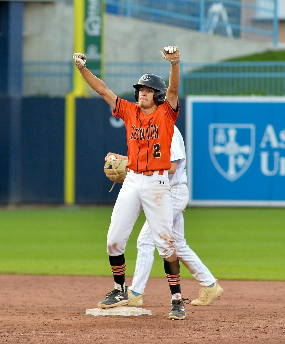 Taunton’s Brayden Cali reacts after reaching second during Sunday’s Division I State Championship game against Franklin.