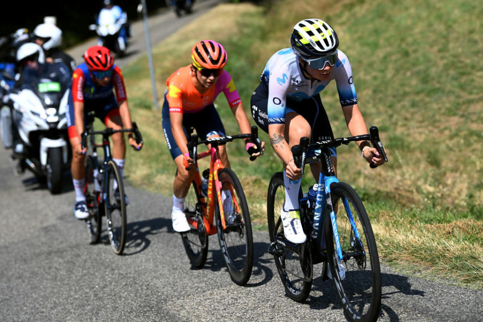 BLAGNAC FRANCE  JULY 28 LR Sandra Alonso of Spain and Team CERATIZITWNT Pro Cycling Agnieszka SkalniakSjka of Poland and Team CanyonSRAM Racing and Emma Norsgaard of Denmark and Movistar Team compete in the breakaway during the 2nd Tour de France Femmes 2023 Stage 6 a 1221km stage from Albi to Blagnac  UCIWWT  on July 28 2023 in Blagnac France Photo by Tim de WaeleGetty Images
