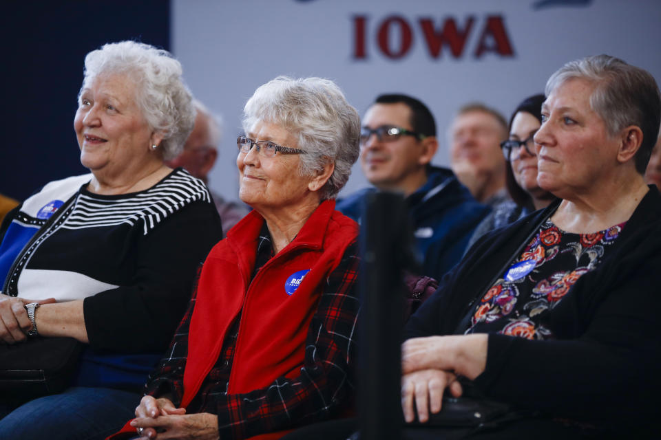 Attendees listen to Democratic presidential candidate former Vice President Joe Biden speak during a campaign event at the University of Northern Iowa, Monday, Jan. 27, 2020, in Cedar Falls, Iowa. (AP Photo/Matt Rourke)