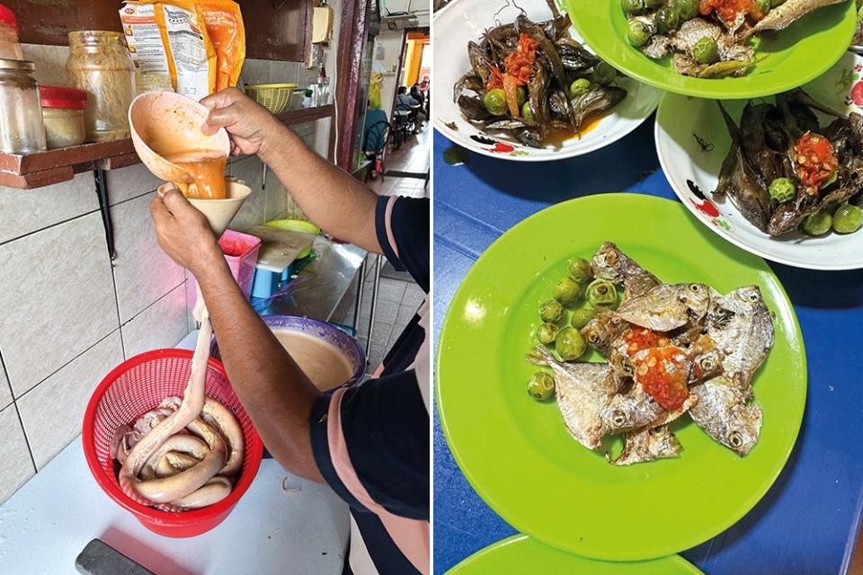 A mixture of beaten egg is poured inside the cow intestine (left). Tiny salted 'ikan danau' in small plates ready for diners to grab with their lunch (right).