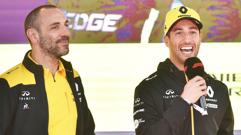 Seen here, Renault F1 team boss Cyril Abiteboul and Daniel Ricciardo.