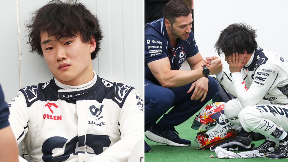 A despondent Yuki Tsunoda is consoled by an Alpha Tauri team member after his Spanish GP penalty.