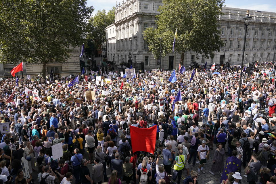 LONDON, ENGLAND - AUGUST 31: Anti-Brexit demonstrators protest in Whitehall on August 31, 2019 in London, England. Left-wing group Momentum and the People's Assembly are coordinating a series of "Stop The Coup" protests across the UK aimed at Boris Johnson and the UK government proroguing Parliament. (Photo by Chris Furlong/Getty Images)