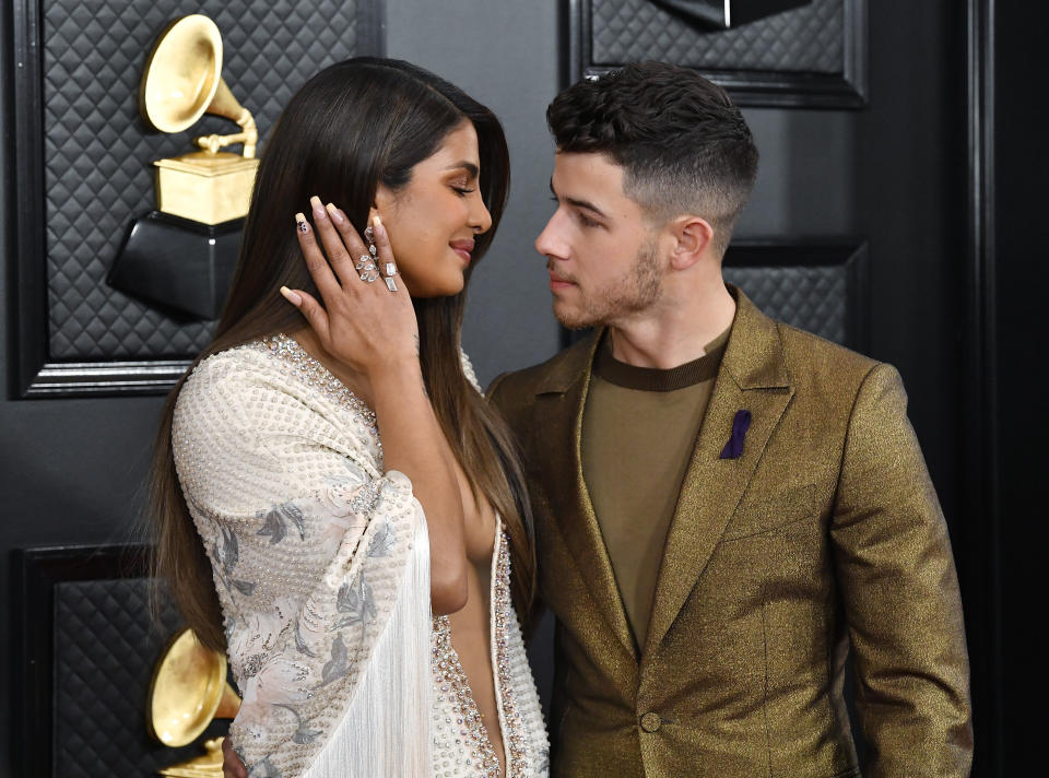 Priyanka Chopra with a 24 written on her nails in honor of Kobe Bryant at the Grammy Awards in Los Angeles on Jan. 26.&nbsp;