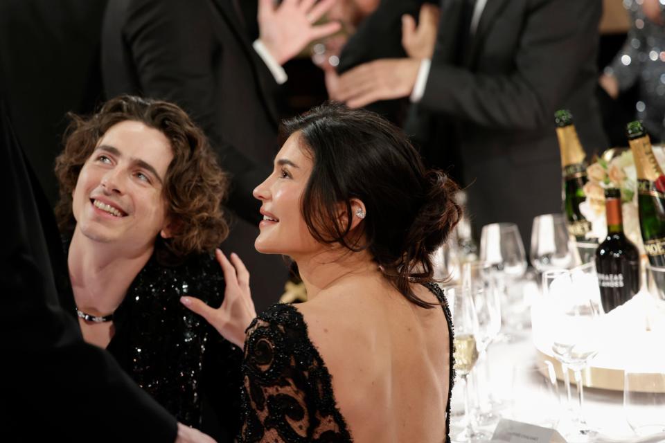 Timothée Chalamet and Kylie Jenner at the 81st annual Golden Globe Awards in Beverly Hills, California, on Jan. 7, 2024.