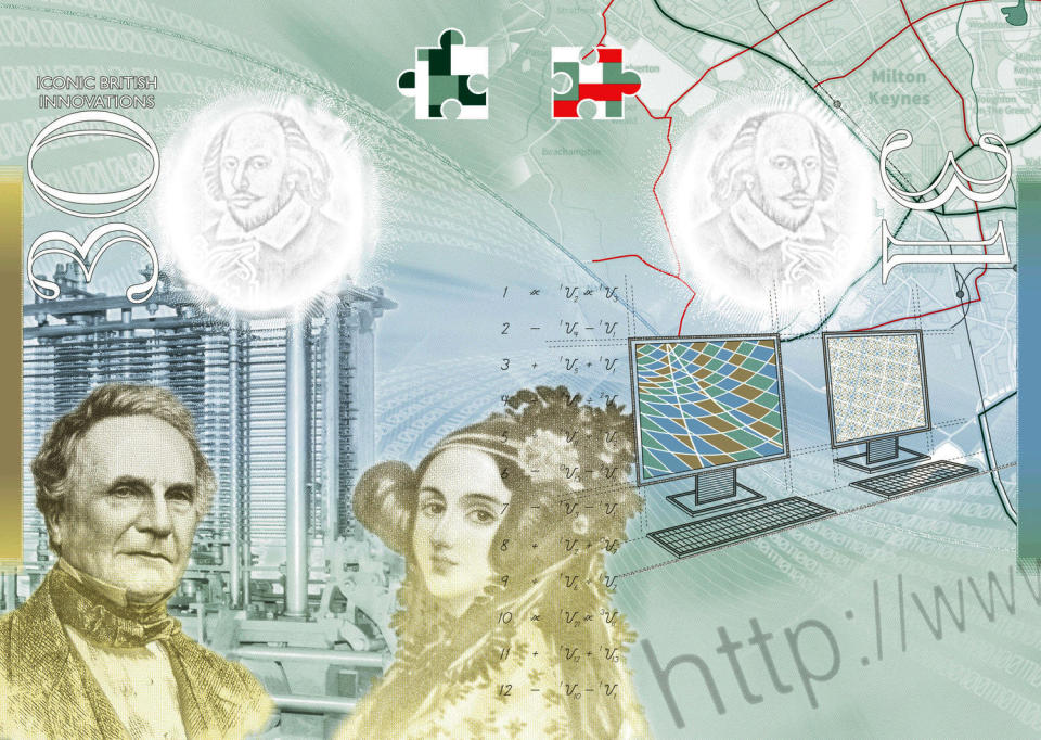 Two pages (featuring Charles Babbage and Ada Lovelace - Iconic Innovations) from the new British passport design that have been unveiled at Shakespeare's Globe Theatre in London