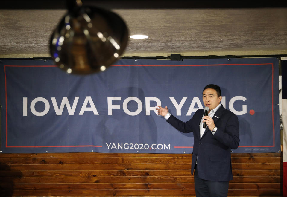 Democratic presidential candidate entrepreneur Andrew Yang speaks at a campaign event at a bar Wednesday, Jan. 22, 2020, in Waukon, Iowa. (AP Photo/John Locher)