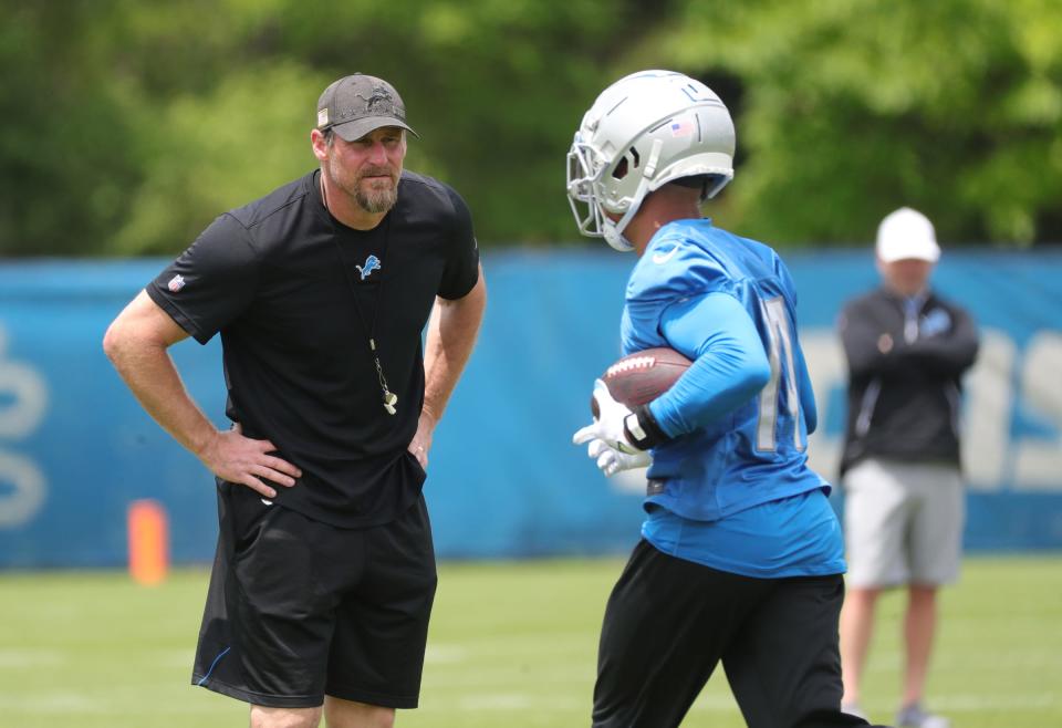 Detroit Lions head coach Dan Campbell watches drills during OTA practice Thursday, June 3, 2021, at the Allen Park practice facility.