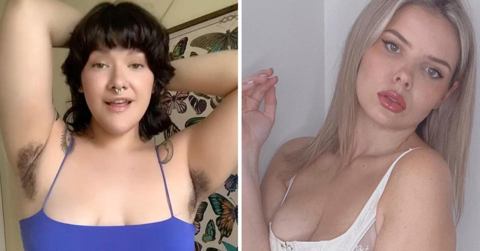 L: OnlyFans creator Cherry The Mistress shows off her unshaved armpits. R: Olivia Frazer poses in white lingerie