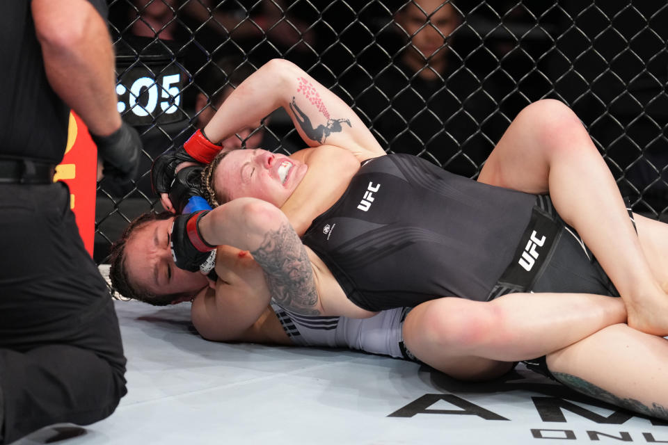 COLUMBUS, OHIO - MARCH 26:  (L-R) Alexa Grasso of Mexico submits Joanne Wood of Scotland in a flyweight fight during the UFC Fight Night event at Nationwide Arena on March 26, 2022 in Columbus, Ohio. (Photo by Josh Hedges/Zuffa LLC)