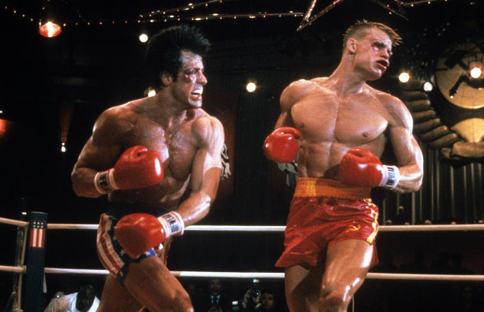 Sylvester Stallone punches Dolph Lundgren in a scene from the film &#39;Rocky IV&#39;, 1985. (Photo by United Artists/Getty Images)