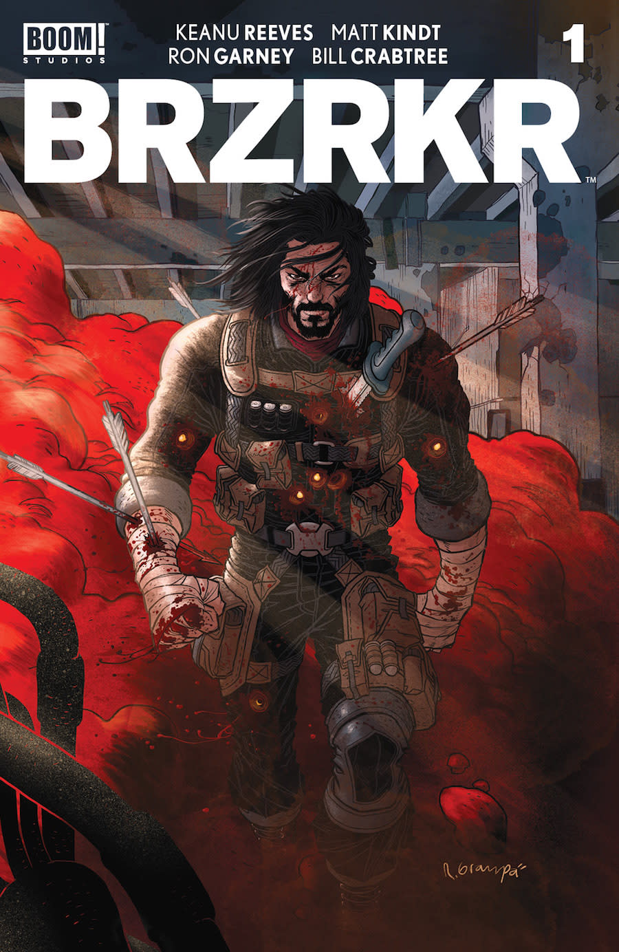 Cover of the warrior B against a red background on Keanu Reeves' comic BRZRKR