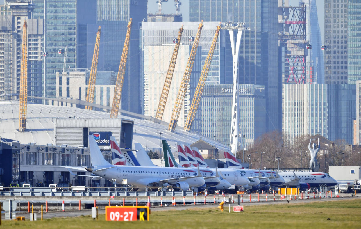 Planes on the apron at London City Airport which has been closed after the discovery of an unexploded Second World War bomb.