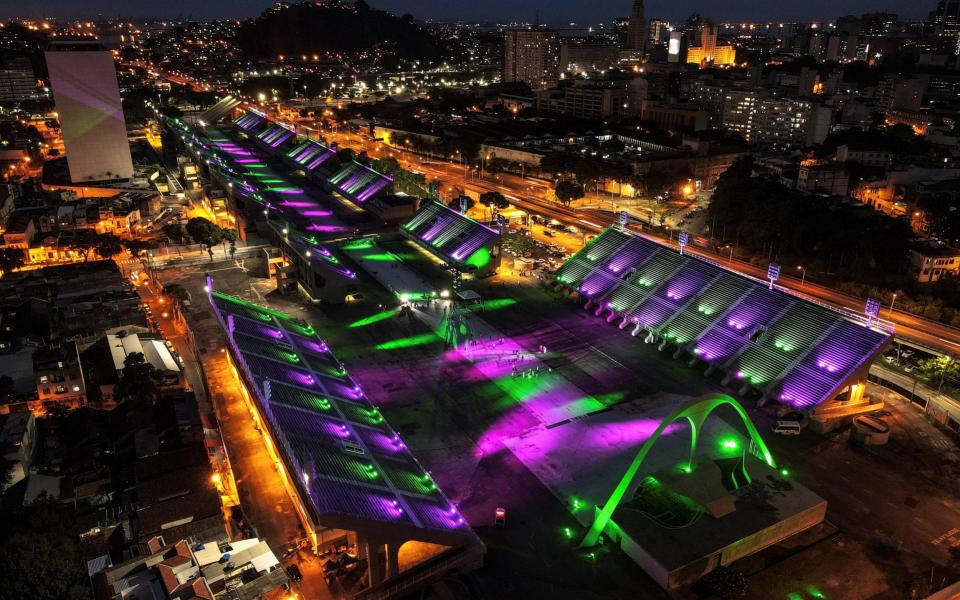 The Rio Carnival Sambadrome, empty and illuminated, in Rio de Janeiro. The Sambadrome, which will remain empty and silent between this Friday and Ash Wednesday due to the cancellation of the most famous Carnival in Brazil due to the pandemic, will have special lighting at night in tribute to the victims of the coronavirus - Antonio Lacerda/EPA-EFE/Shutterstock