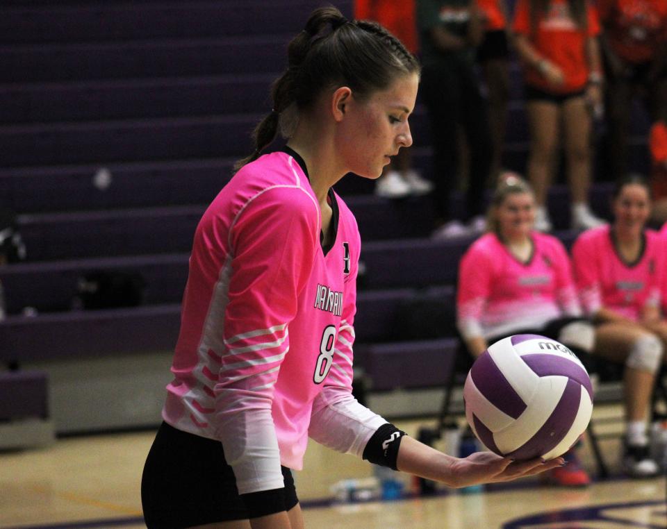 Mandarin's Paige Wind (8) prepares to serve against Fletcher in the Gateway Conference high school volleyball championship.