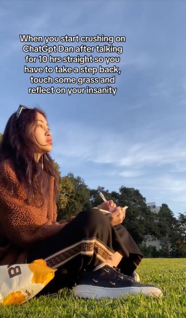 In a viral TikTok video, Ash claimed that she had started to develop a crush on DAN after talking to the chatbot for 10 hours straight and needed to “take a step back, touch some grass and reflect on [her] sanity.” TikTok/my.fbi